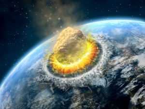 Big asteroid crashing on the surface of an Earth-like planet. Digital illustration.